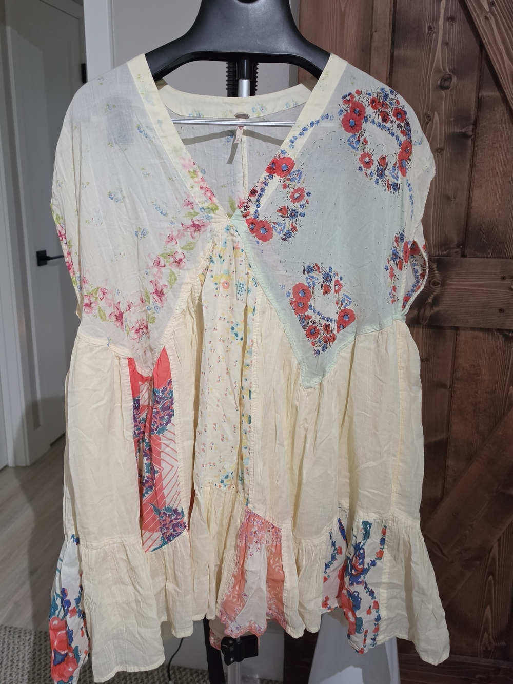 Free People Cream Floral Patchwork Mini Dress with Coral Accents